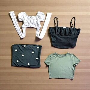 4 Piece Junior Teen M Trendy Crop Top Set White‎ Black Green Daisy Tube Top Tees